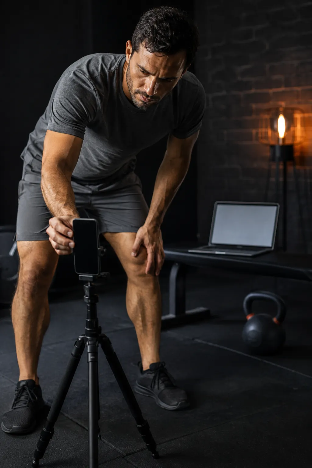 Athlete setting up a phone on a tripod to film their own movement in a home gym