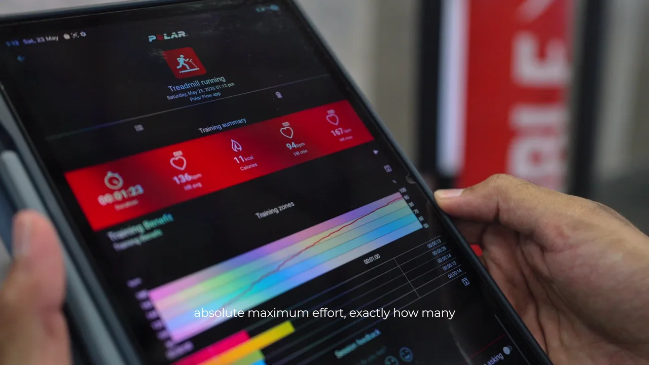 Tablet showing a live heart-rate session dashboard with training zones